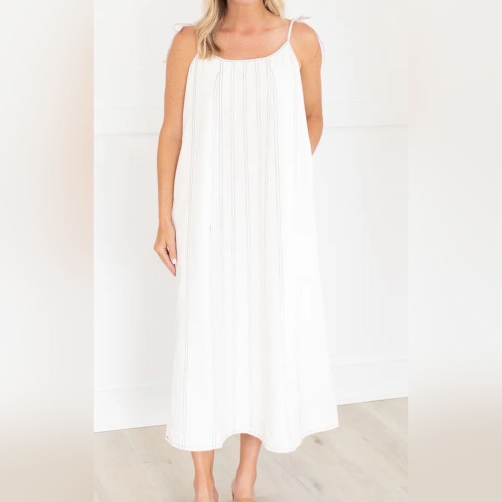 NWT. Fab'rik Lidia Ribbon Strap Denim Cream Maxi Dress Size Large